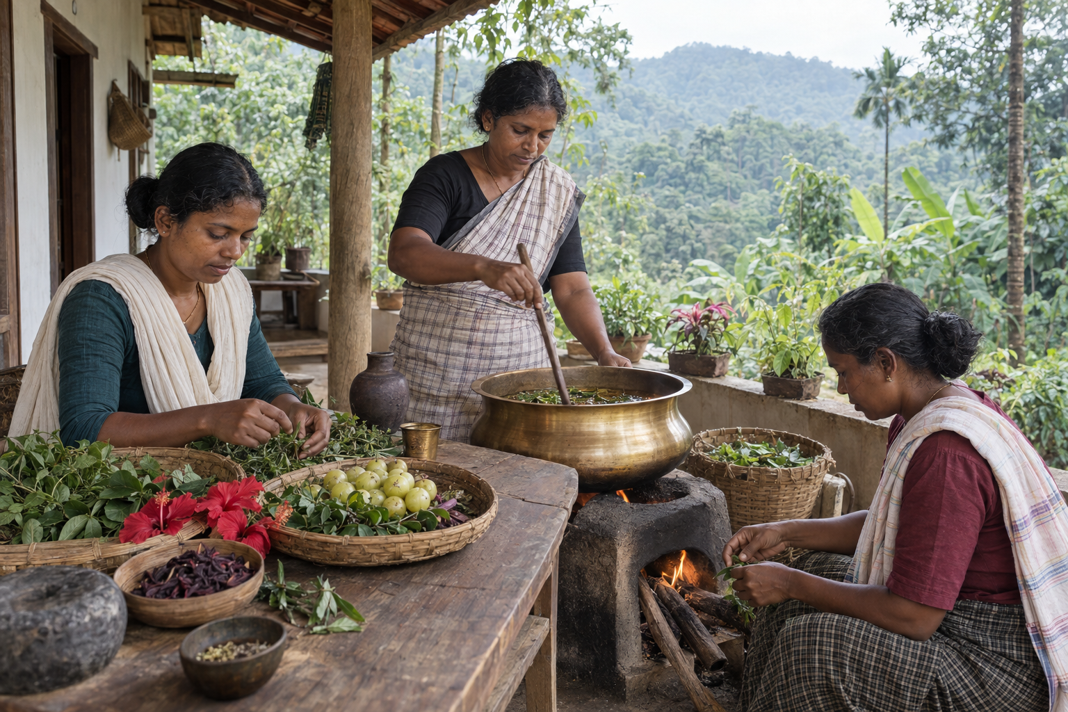 Traditional herbal hair oil preparation with medicinal plants in a rural Kerala home